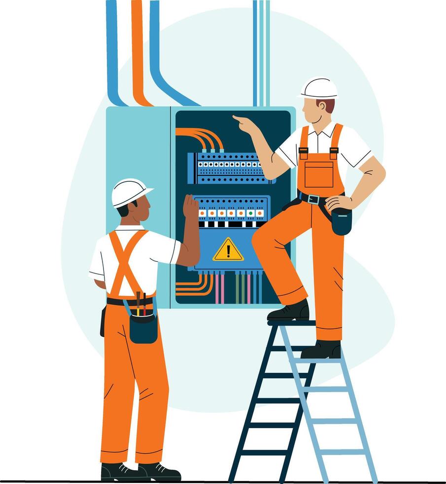 Two electricians in orange uniforms and helmets work on electrical panel, ensuring safety and functionality vector