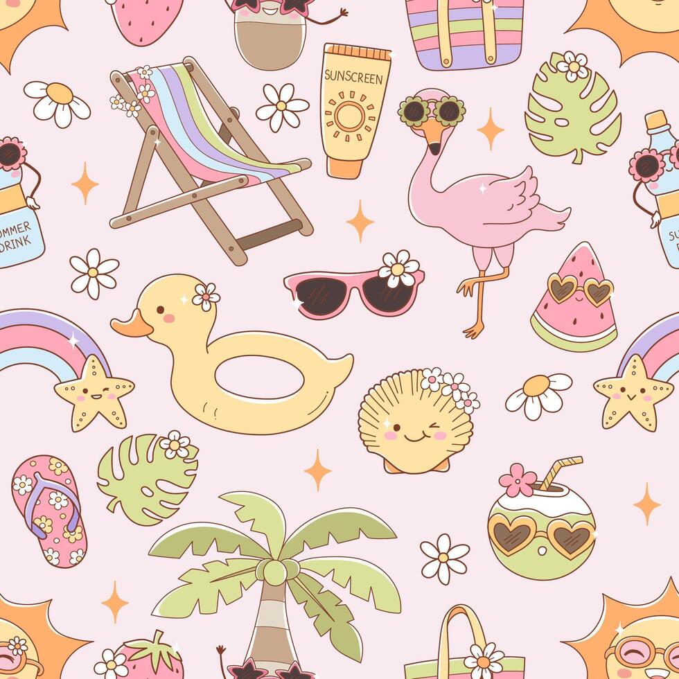 Groovy Summer Seamless Pattern Isolated Hand Drawn Design for Fabric Digital paper vector