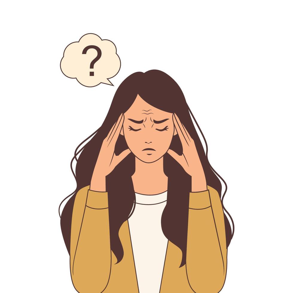 Stressed Woman Suffering from Overthinking and Worry, cartoon illustration, mental health concept vector