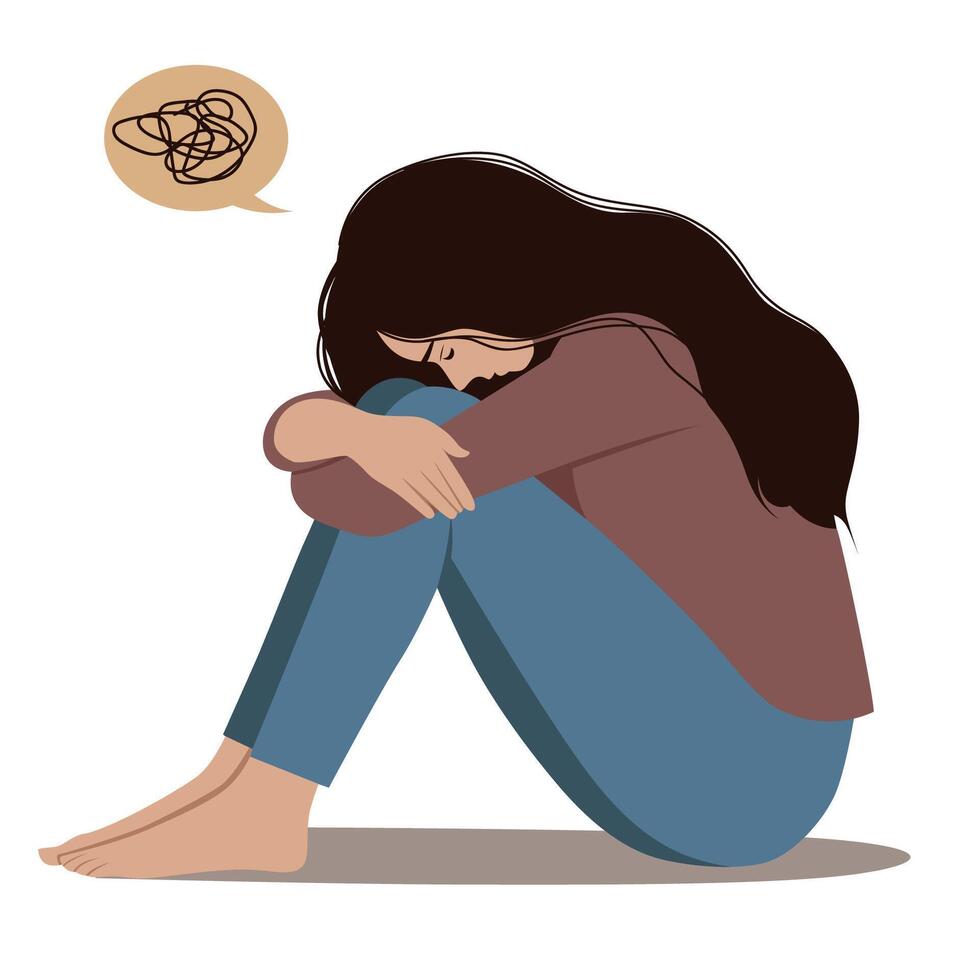 lonely woman sitting floor, hugging knees, mental health concept, depression flat illustration vector
