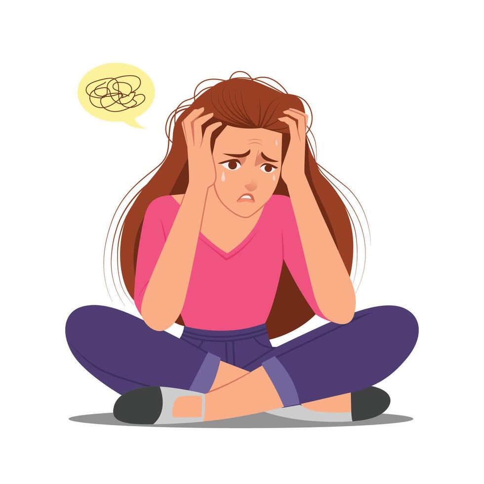 Frustrated Woman with Anxiety and Mental Stress, flat illustration, mental health concept vector