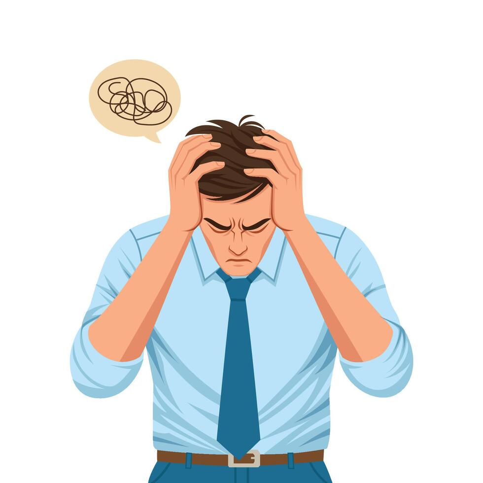 Confused and Anxious Man Holding Head in Distress, mental health concept, flat illustration vector