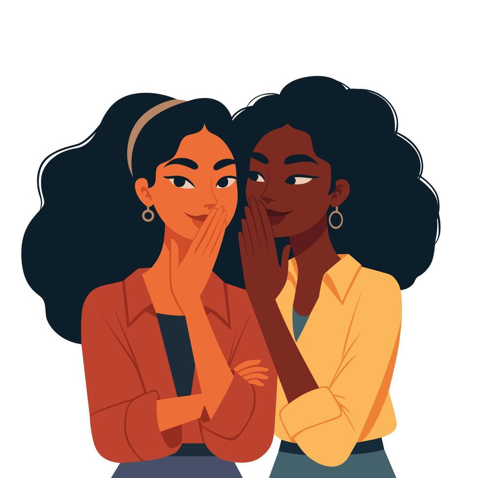 Women gossiping, Two girls communicate by covering their mouths with their hands, flat design vector