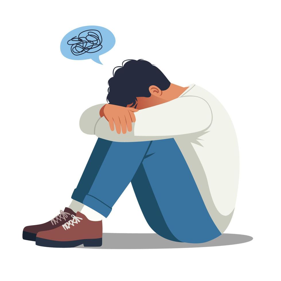 lonely man sitting floor, hugging knees, mental health concept, depression flat illustration vector