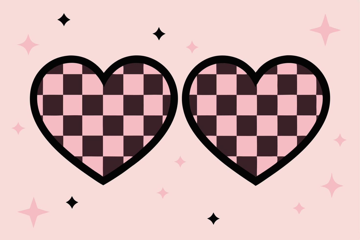 Two checkered heart graphics with pink and black squares on a light pink background vector