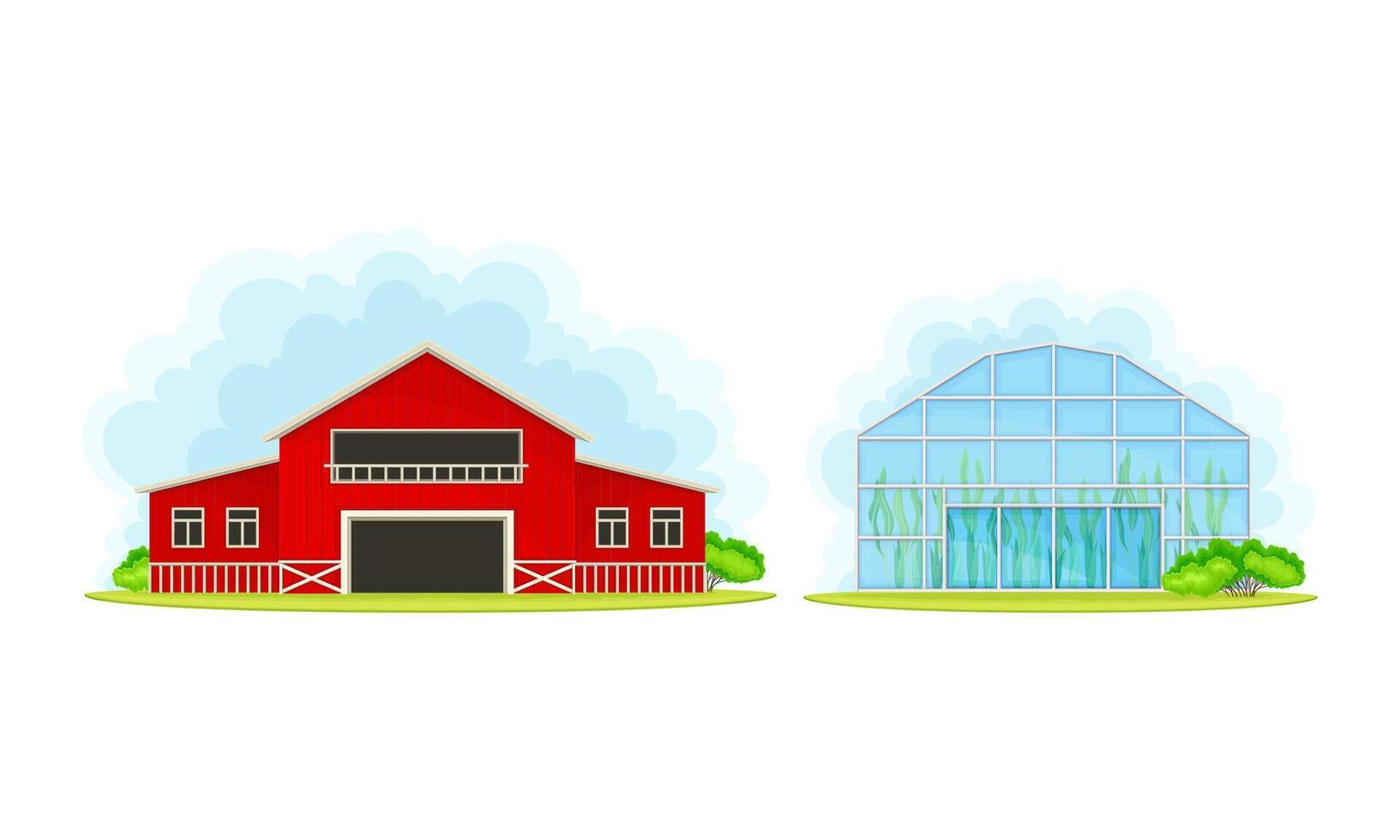 Rural farm buildings set. Red wooden barn and greenhouse illustration vector
