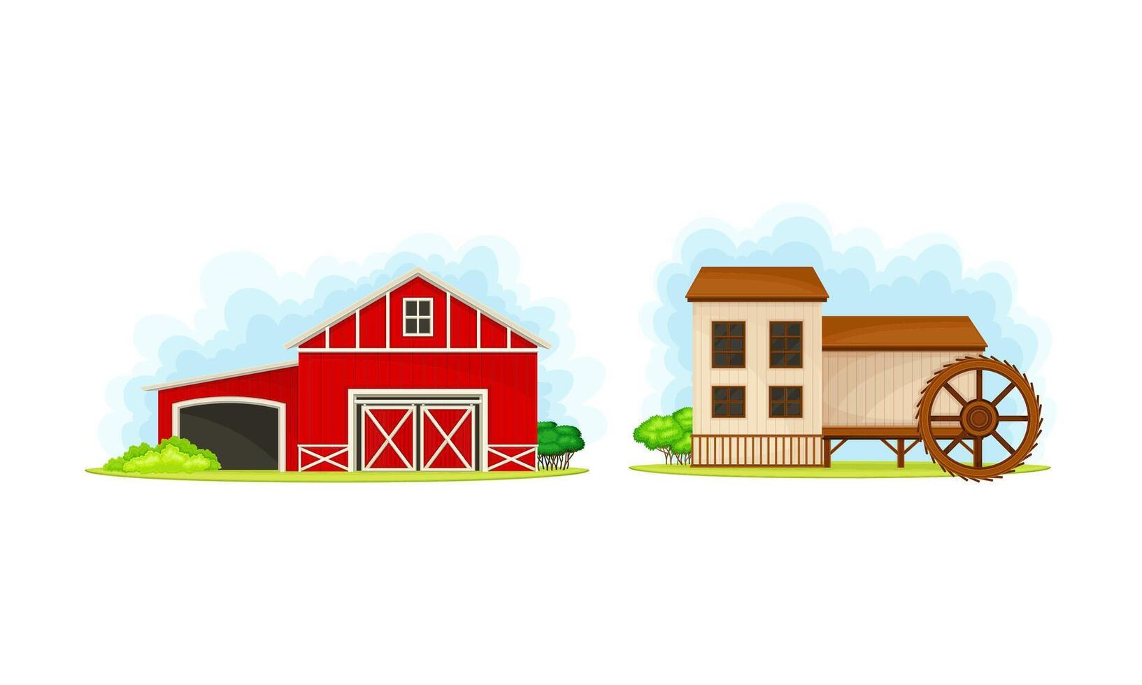 Rural farm buildings set. Red wooden barn and farmhouse illustration vector