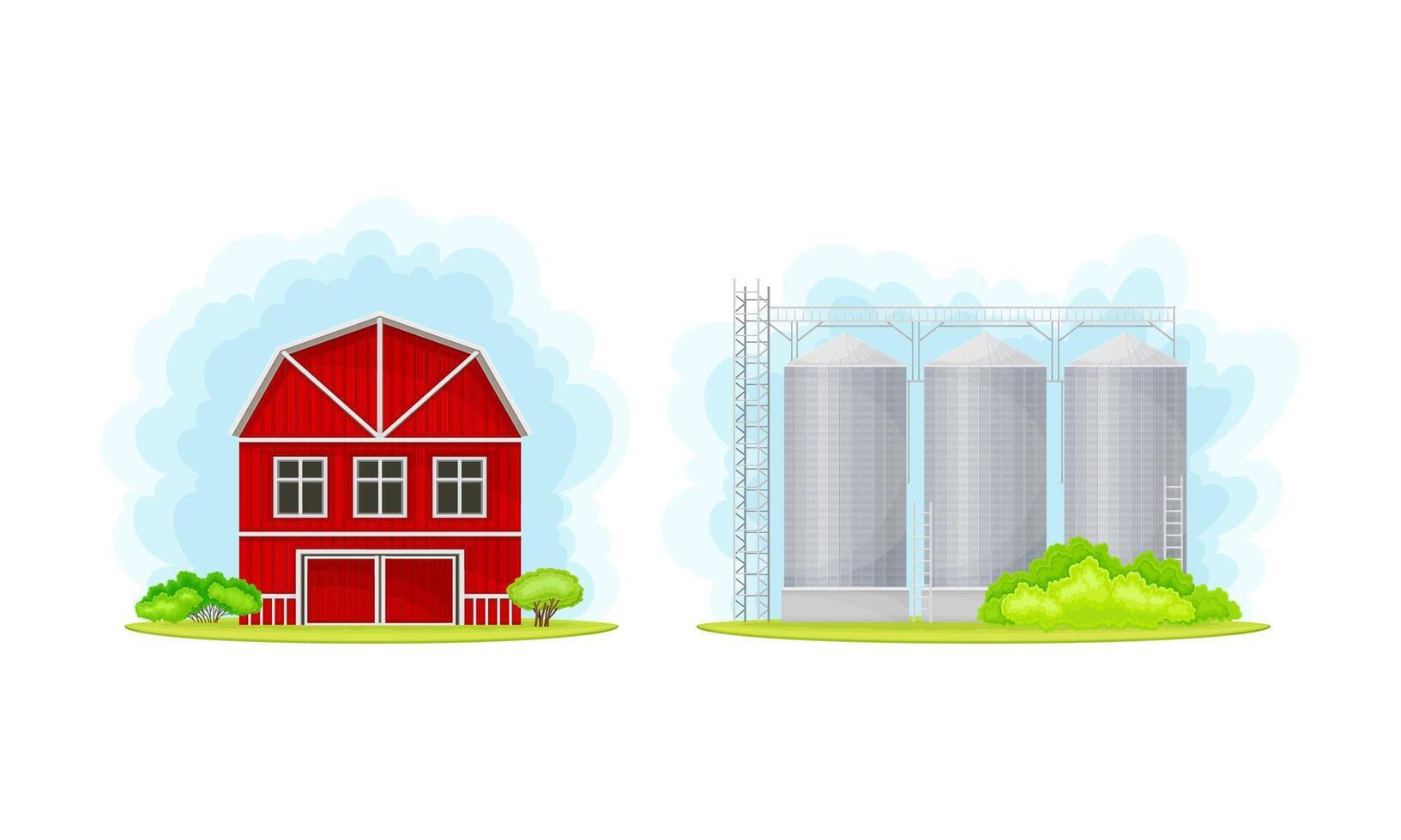 Rural farm buildings set. Red barn and silo tower illustration vector