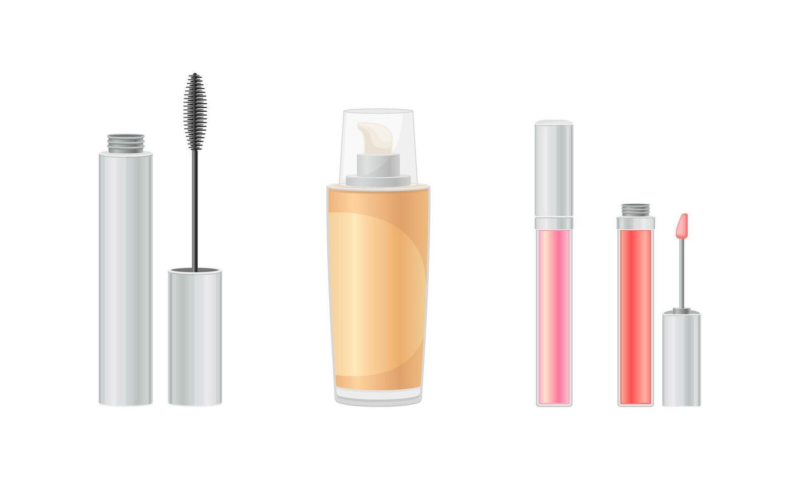 Makeup cosmetics for face set. Mascara, lip gloss, tube of foundation illustration vector
