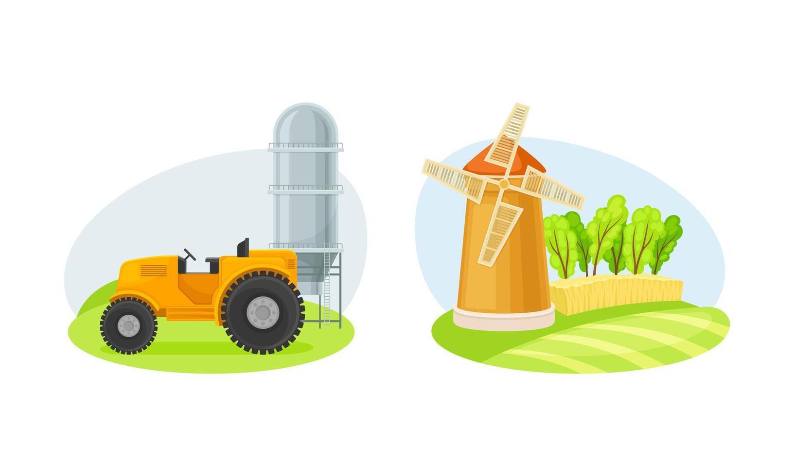 Rural farm objects set. Silo tower, tractor and windmill cartoon illustration vector