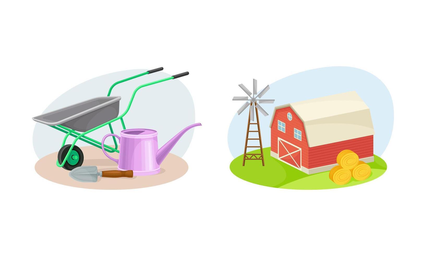 Agriculture industry and farm objects set. Red wooden barn with wind turbine and garden equipment cartoon illustration vector