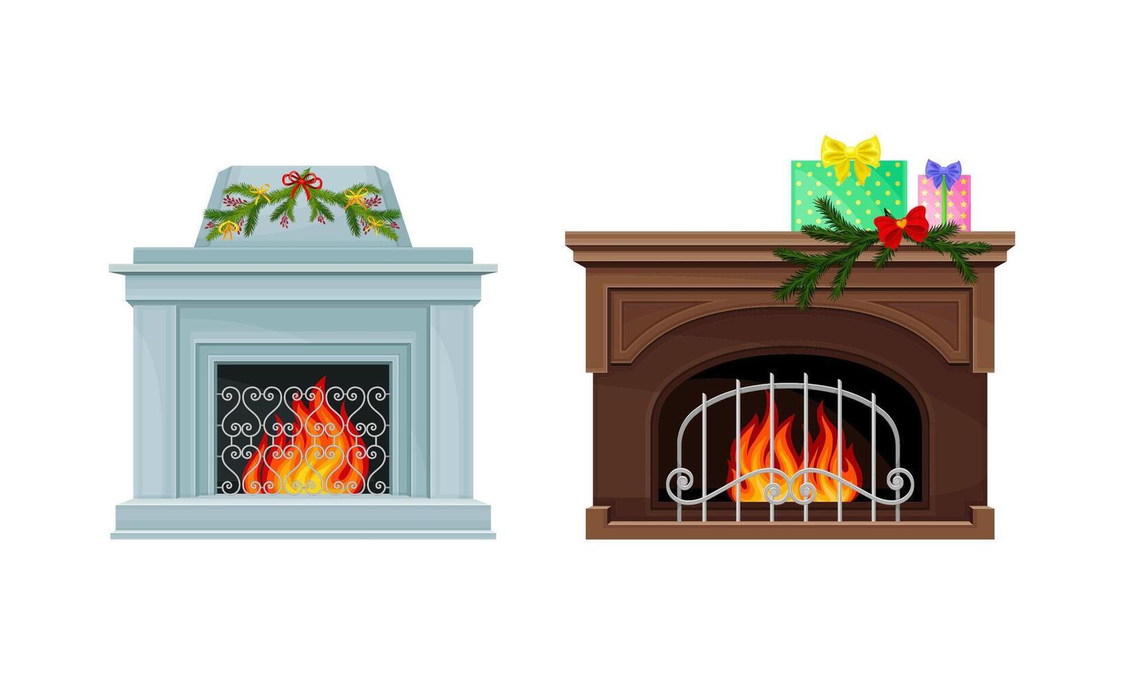 Fireplace with burning fire set. Christmas holiday decor elements illustration vector
