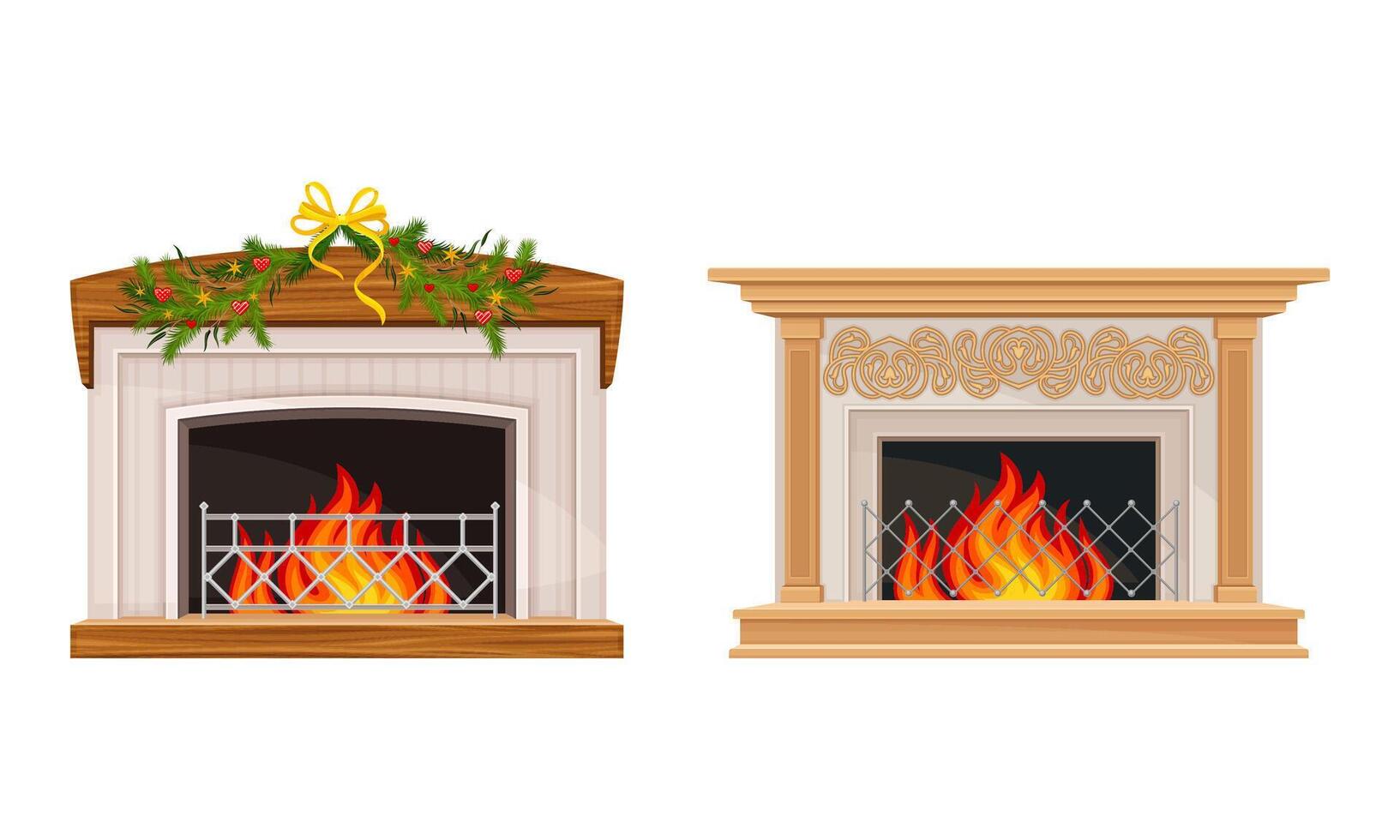 Fireplace with burning fire set. Winter holiday decoration illustration vector