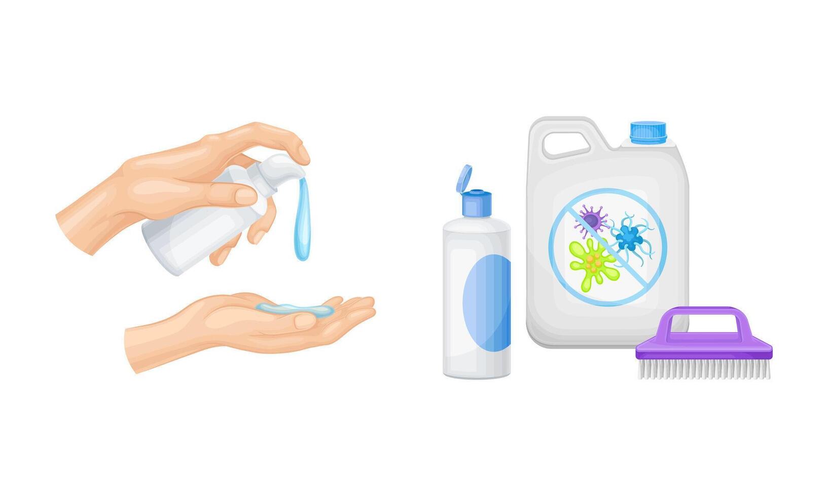 Disinfection and hygiene set. Hands hygiene with sanitizer. Antiseptic and antibacterial products illustration vector