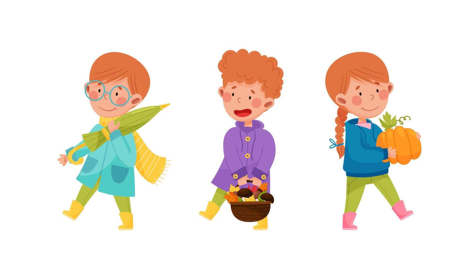 Kids outdoors activities in autumn set. Happy children walking with umbrella, collection mushrooms and harvesting pumpkin cartoon illustration vector