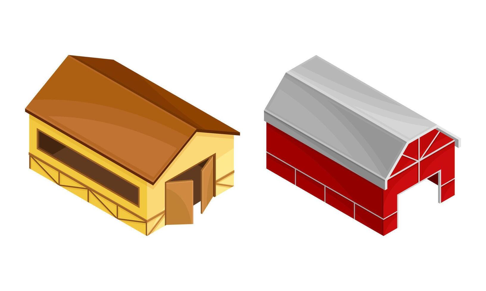 Farm rural buildings set. Wooden barns isometric illustration vector