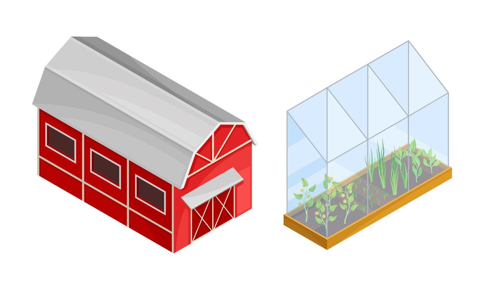 Farm rural buildings set. Red wooden barn and greenhouse isometric illustration vector