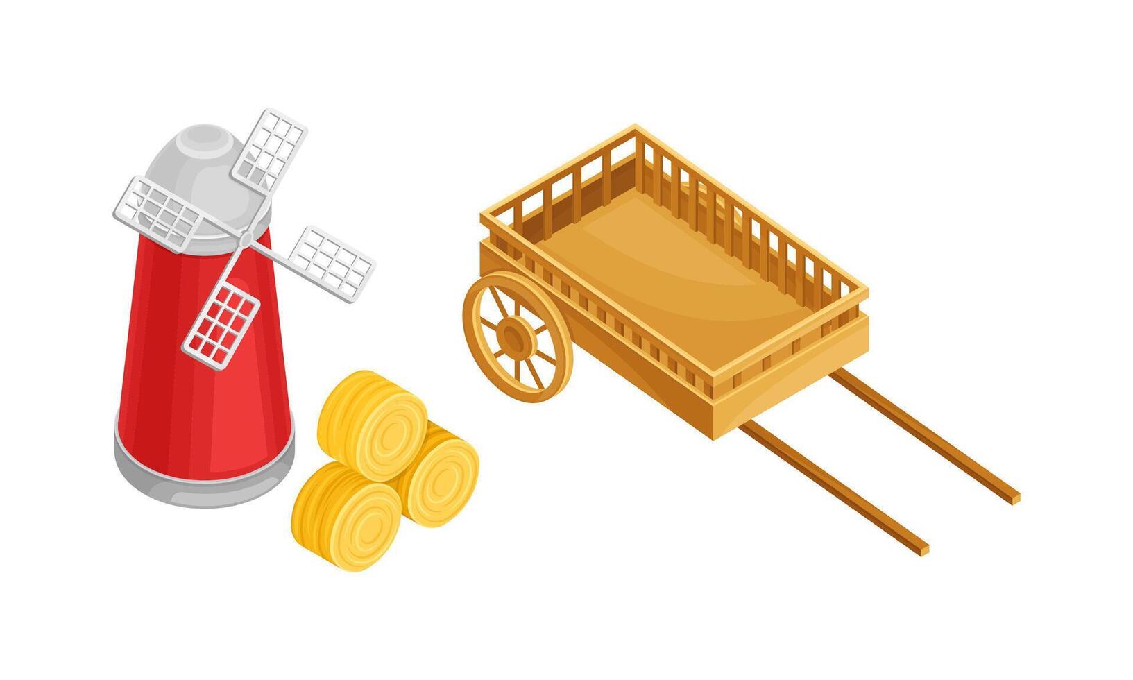 Farm objects set. Wooden cart, windnill and rolls of hay isometric illustration vector