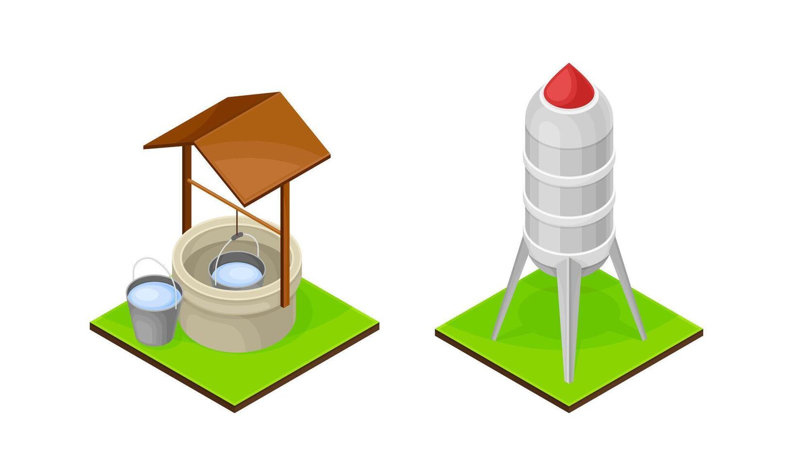 Farm objects set. well and water tower isometric illustration vector