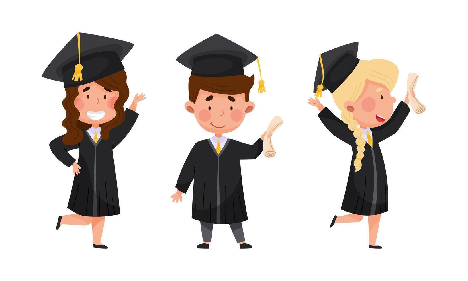 Happy kids graduate students in graduation robe and cap celebrating the end of their study illustration vector