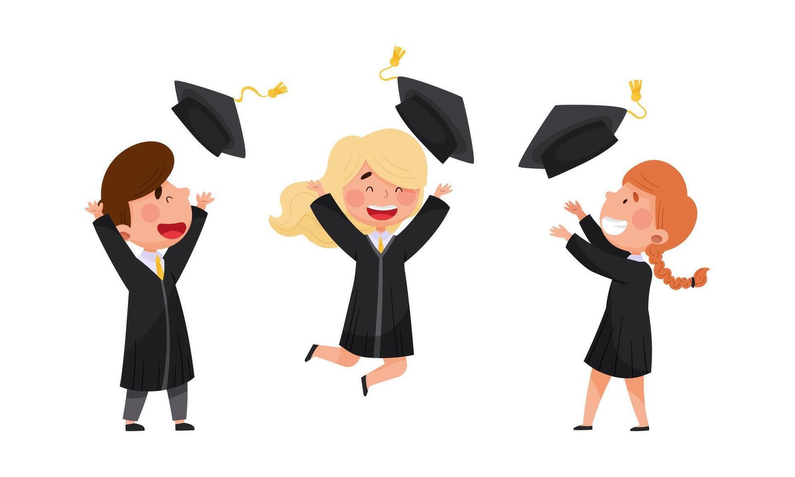 Happy kids graduate students in graduation suits celebrating the end of their studies throwing caps in air illustration vector