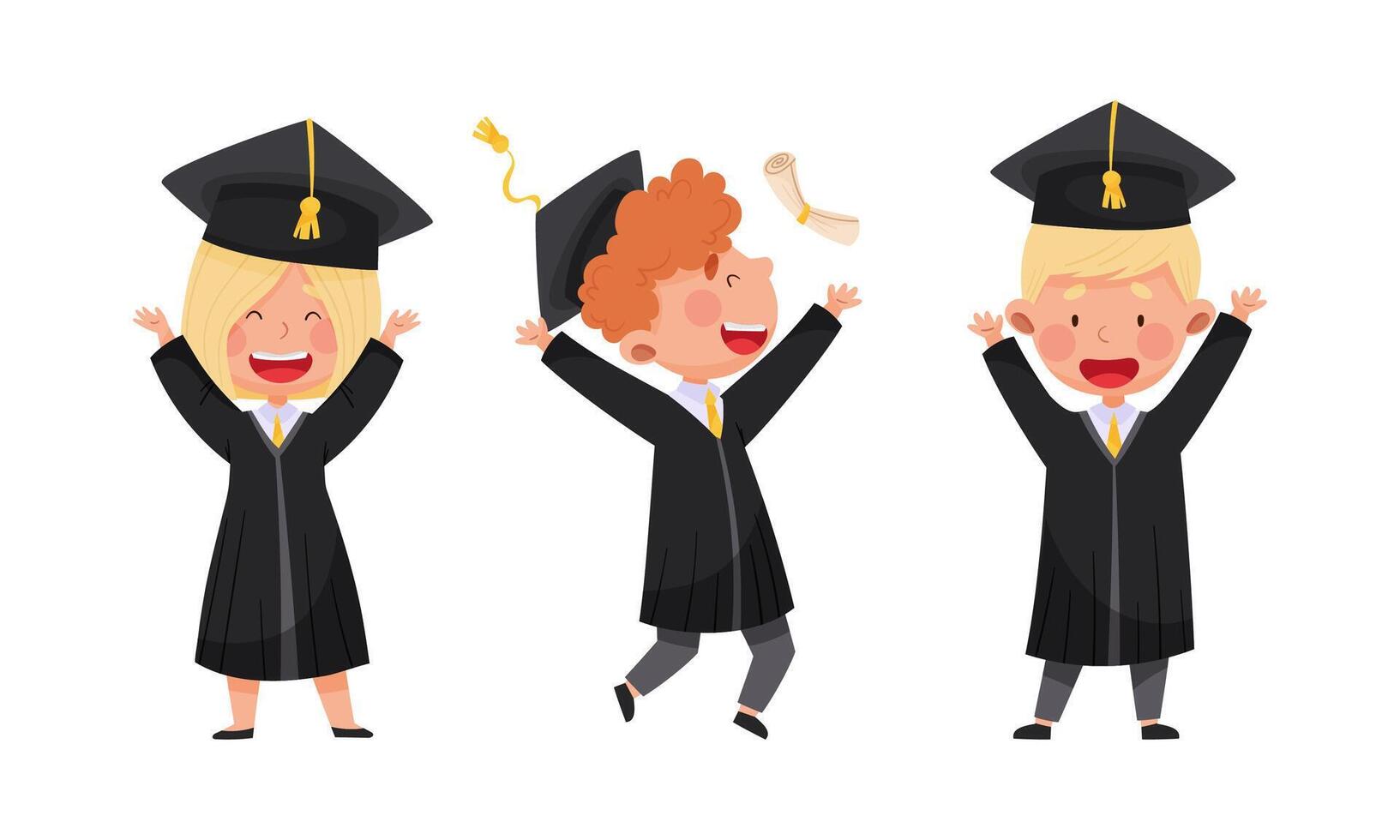 Happy kids in graduation gown and cap at graduation ceremony illustration vector