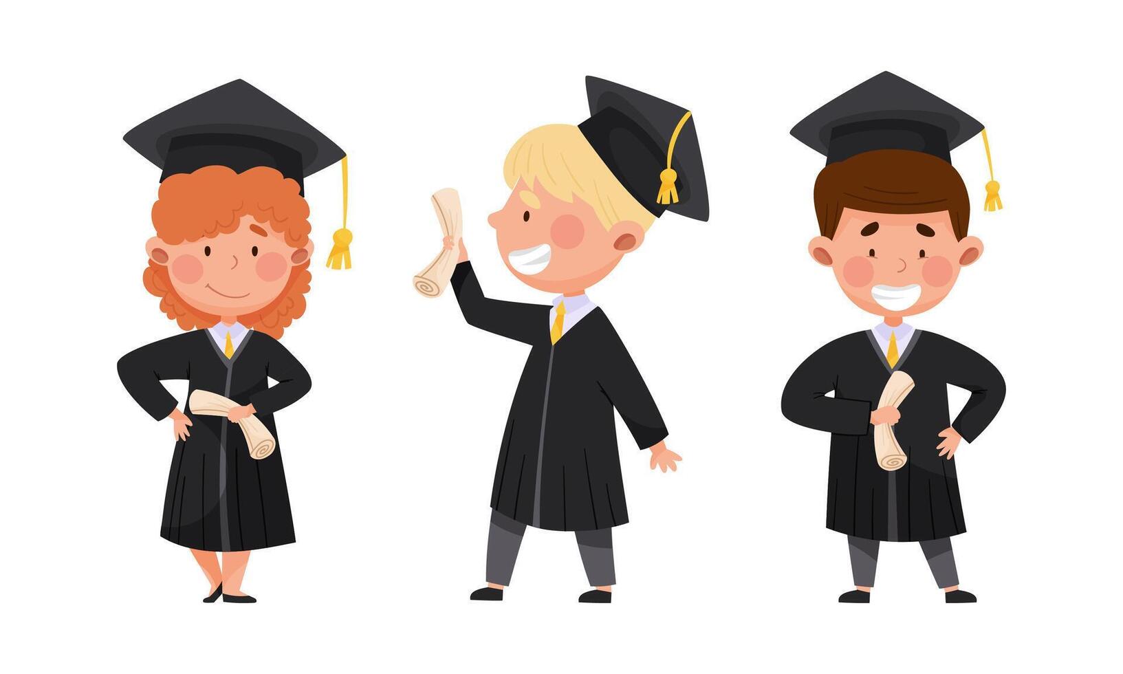 Happy kids students in graduation gown and cap at graduation ceremony illustration vector