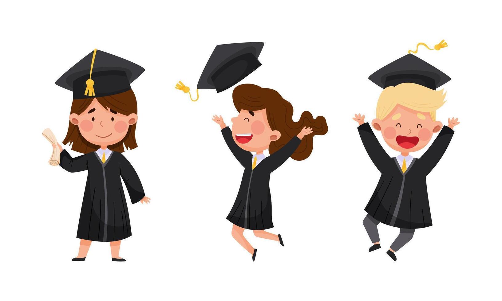Happy kids students in graduation gown and cap jumping happily at graduation ceremony illustration vector