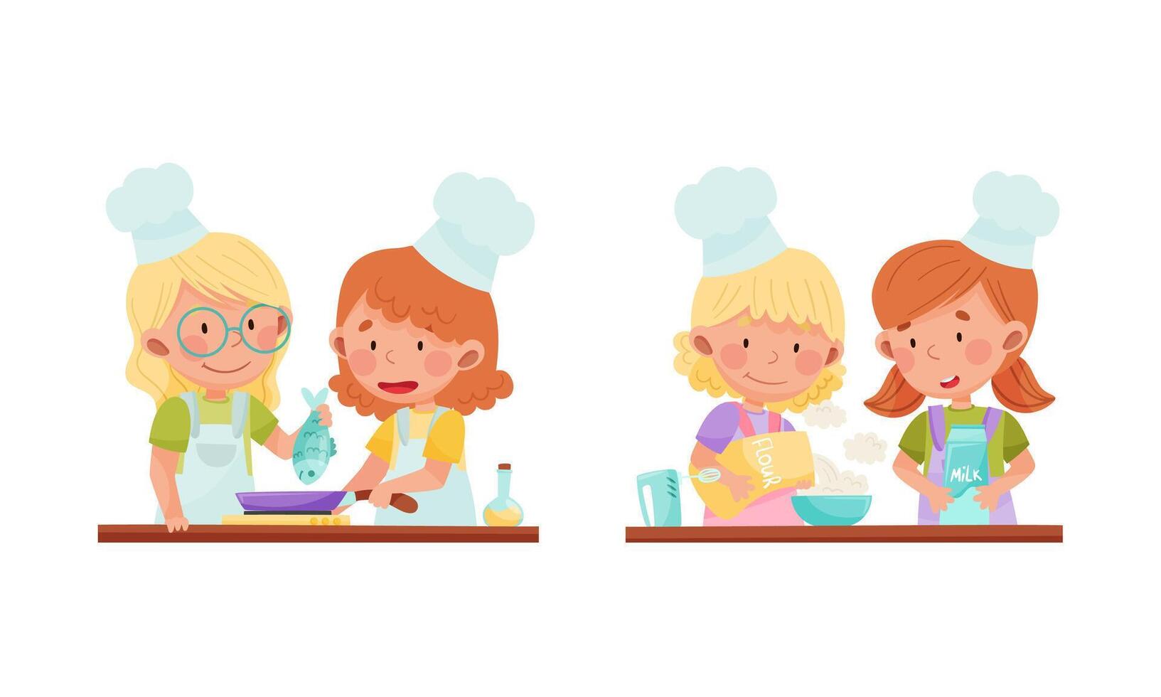 Cute kid chef characters set. Adorable children cooking and baking in the kitchen cartoon illustration vector