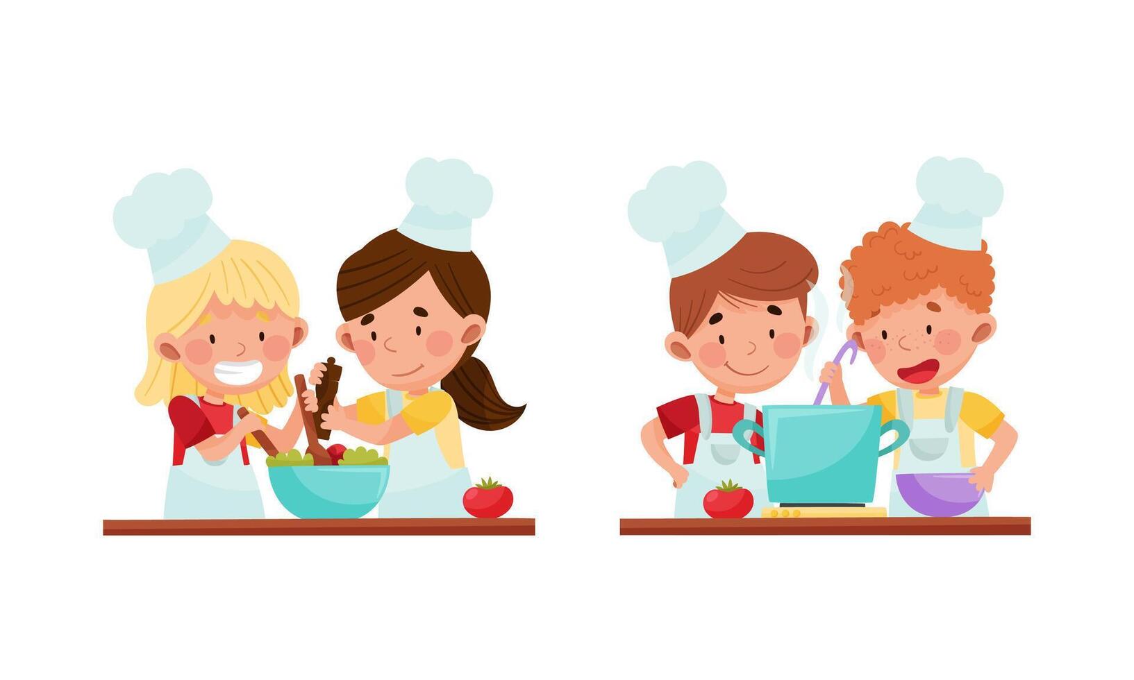 Cute kid chef characters set. Adorable cheerful children cooking in the kitchen cartoon illustration vector