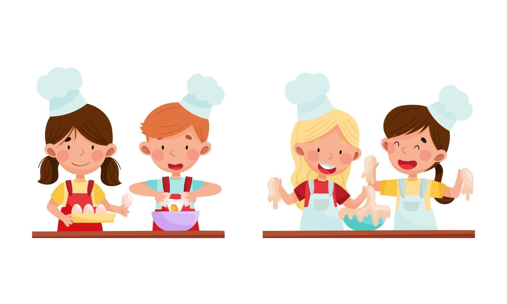 Cute kid chef characters set. Adorable funny children baking in the kitchen cartoon illustration vector