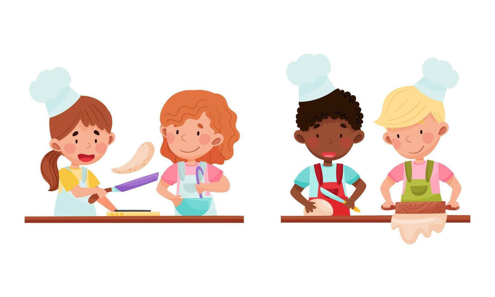 Cute kid chef characters set. Adorable funny children baking pancakes and cookies in the kitchen cartoon illustration vector