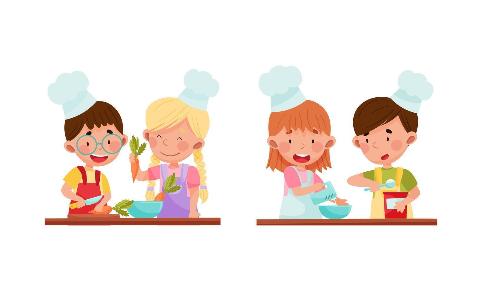 Cute kid chef characters set. Adorable cheerful children preparing food in the kitchen cartoon illustration vector