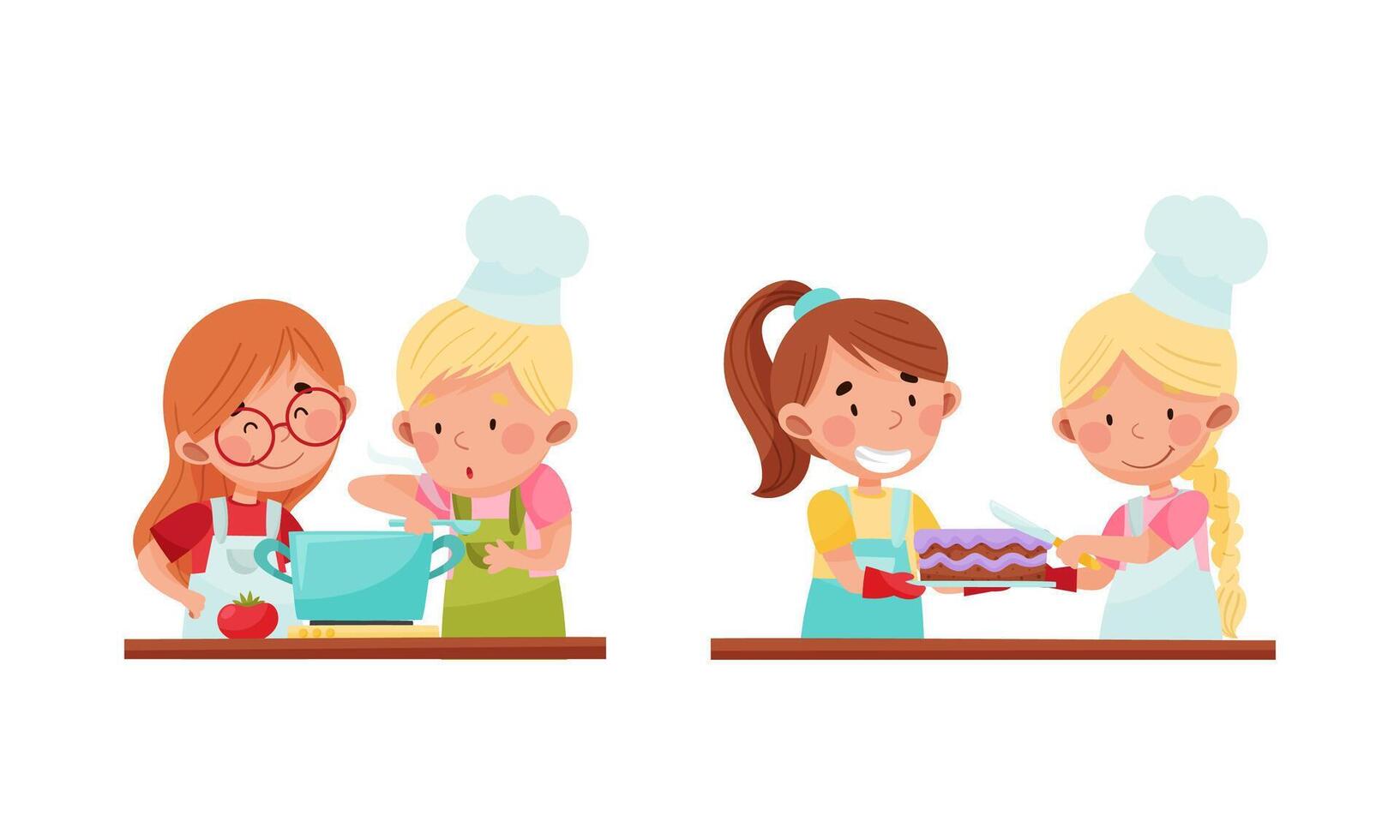 Cute kid chef characters set. Adorable cheerful children preparing tasty dishes cartoon illustration vector