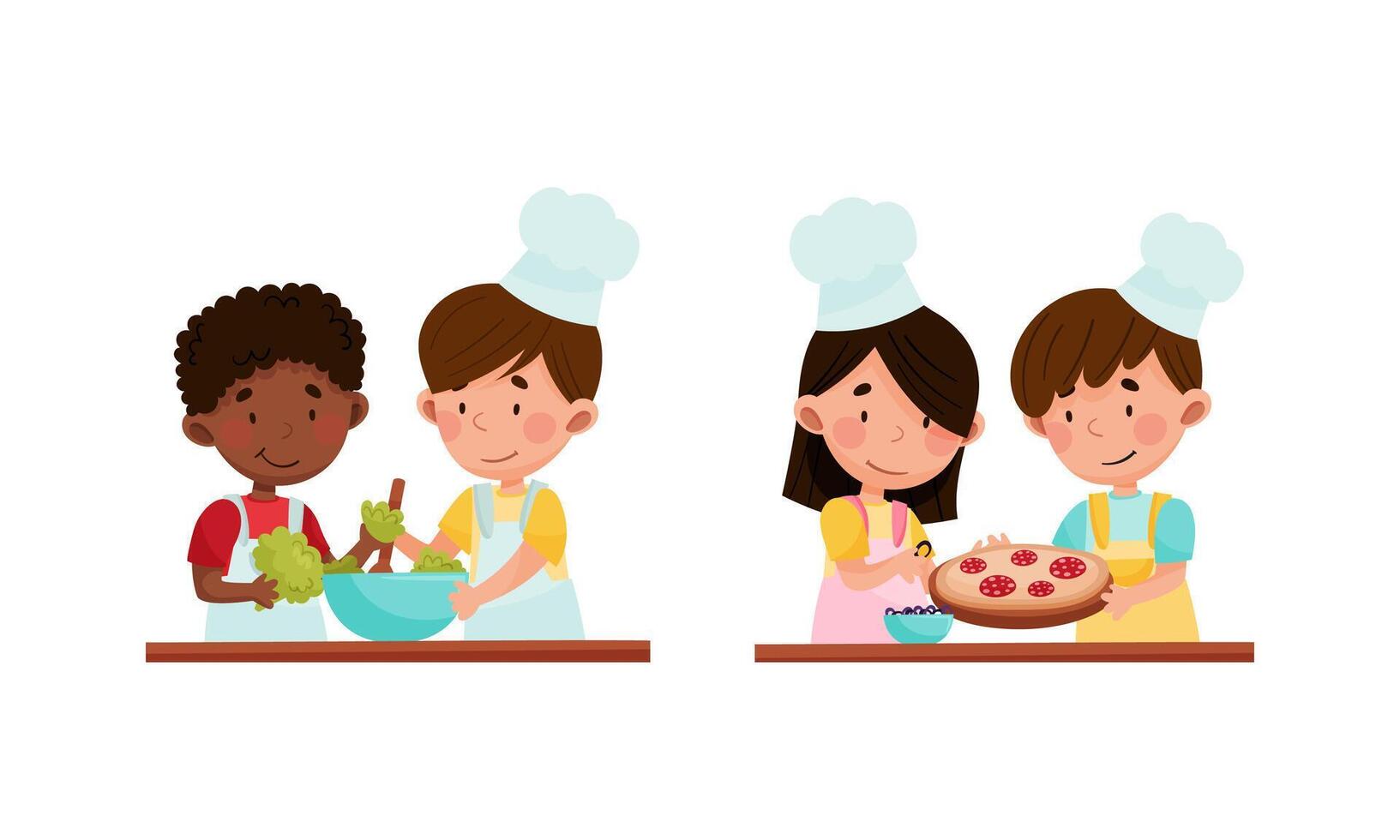Cute kid chef characters set. Cheerful children little preparing tasty dishes in kitchen cartoon illustration vector
