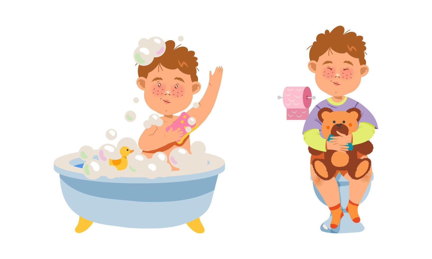 Boys taking bath and sitting on toilet set. Kids daily routine cartoon illustration vector