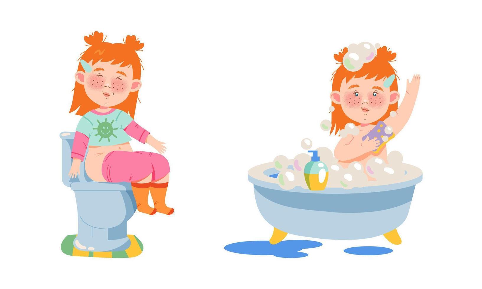 Girls taking bath and sitting on toilet set. Kids daily routine cartoon illustration vector