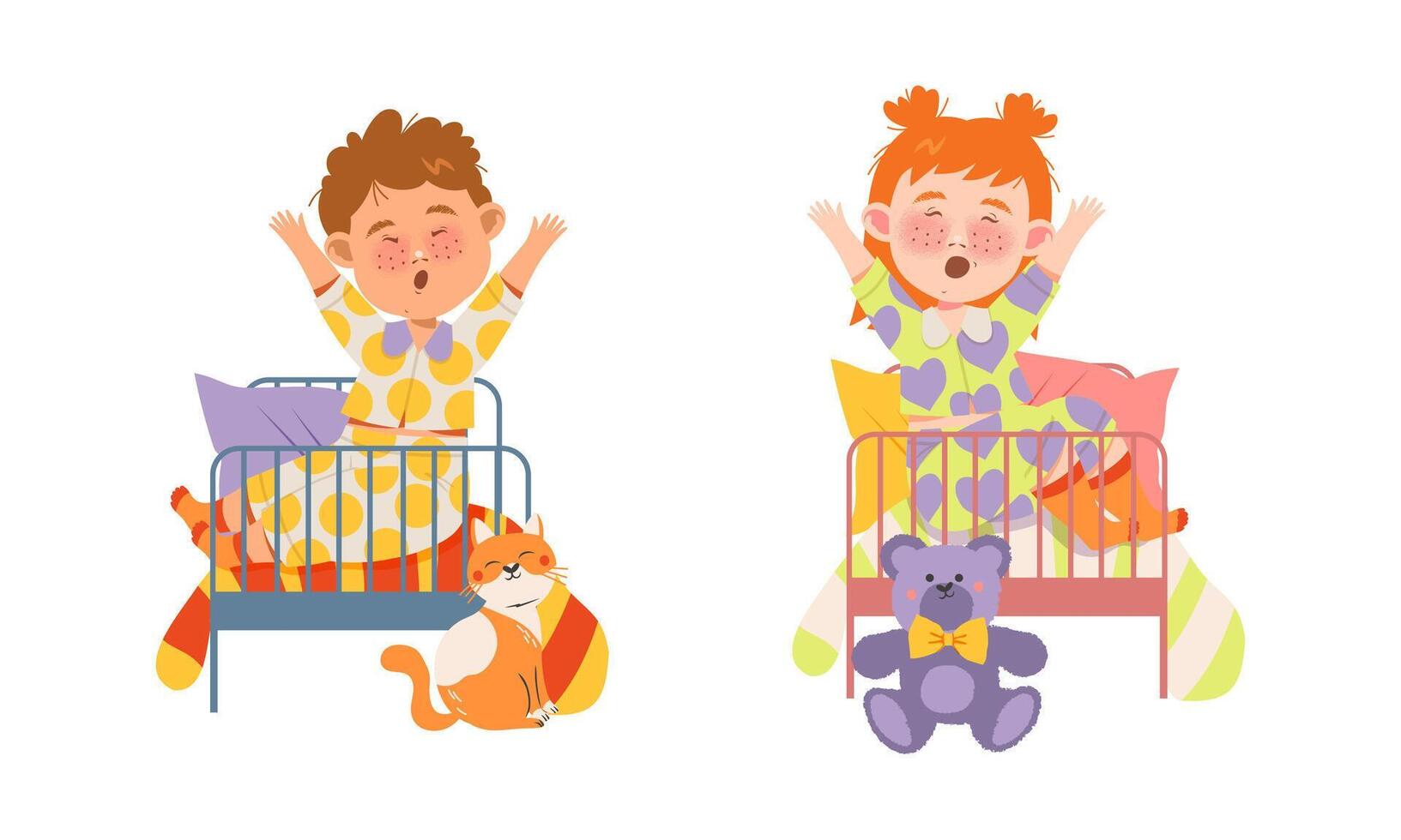 Cute little boy and girl waking up in the morning cartoon illustration vector
