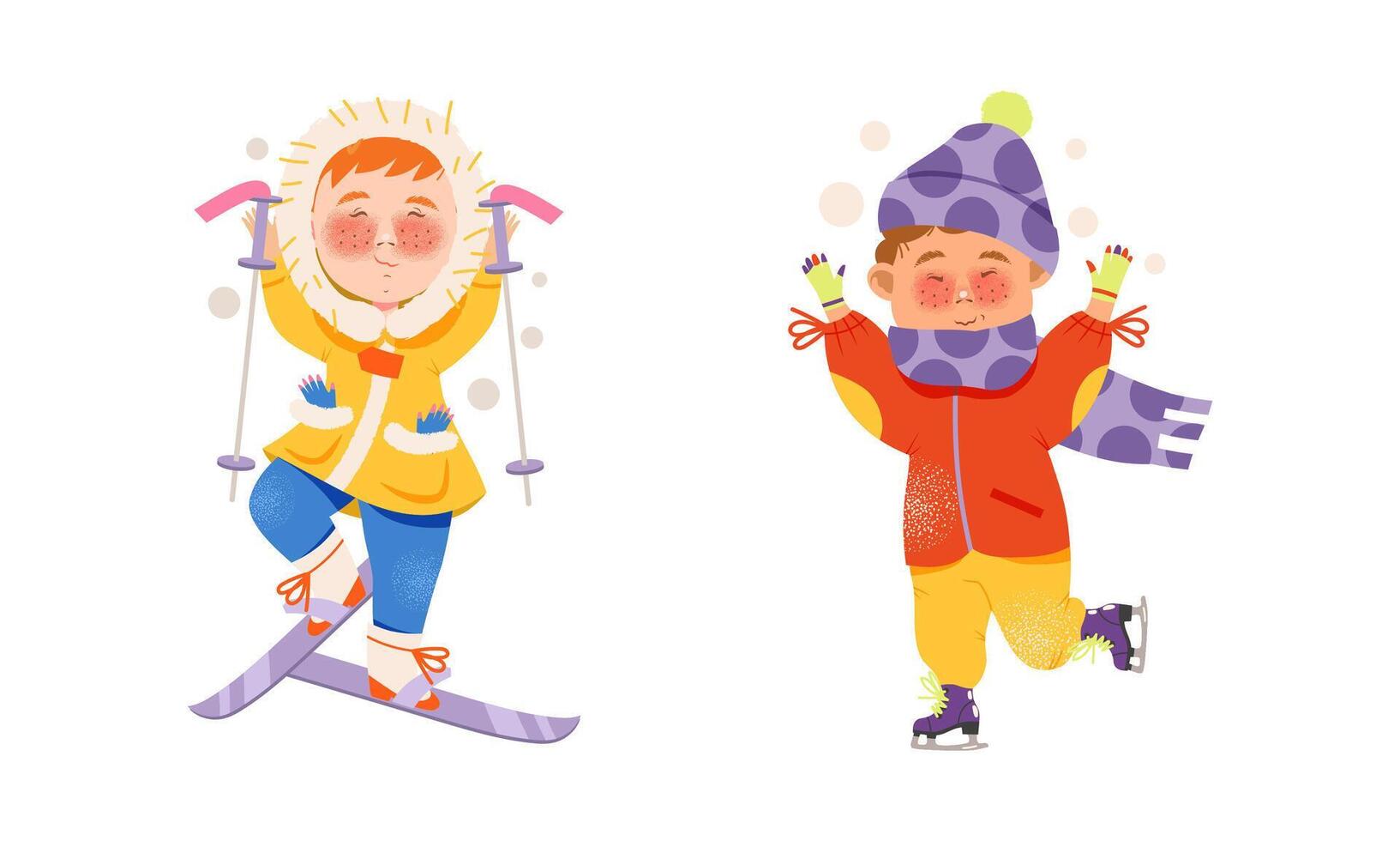Cute happy little boy and girl in winter outfit skiing and skating. Winter outdoor activities cartoon illustration vector