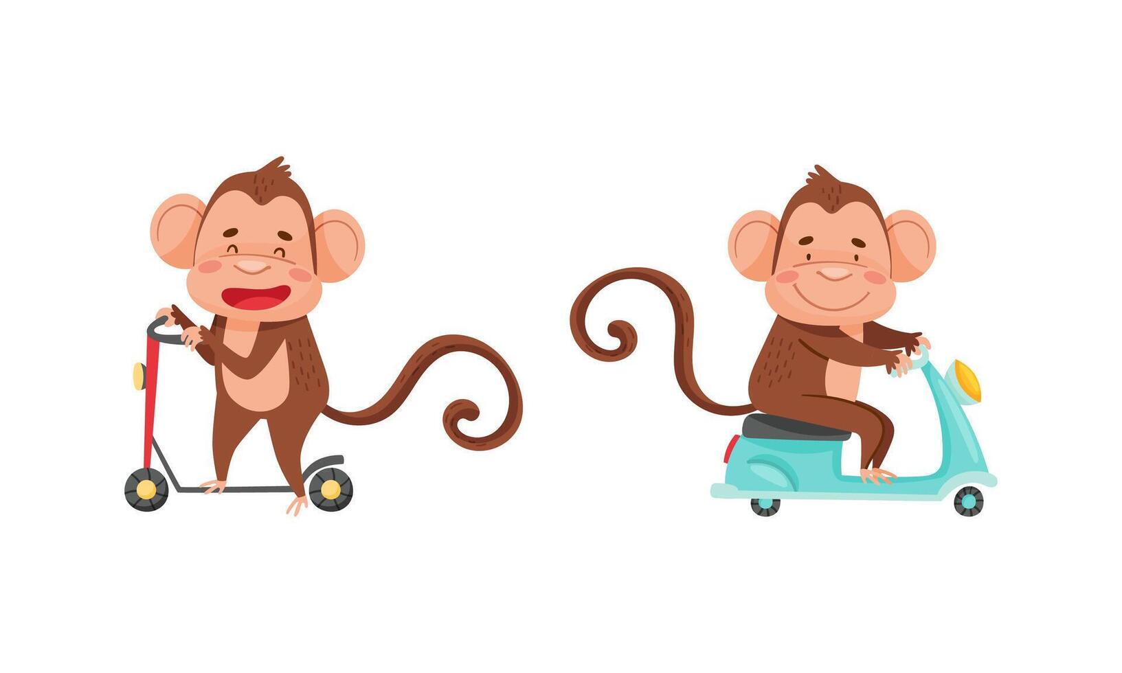Cute monkey character in transport set. Funny jungle animal riding kick scooter and motorbike cartoon illustration vector