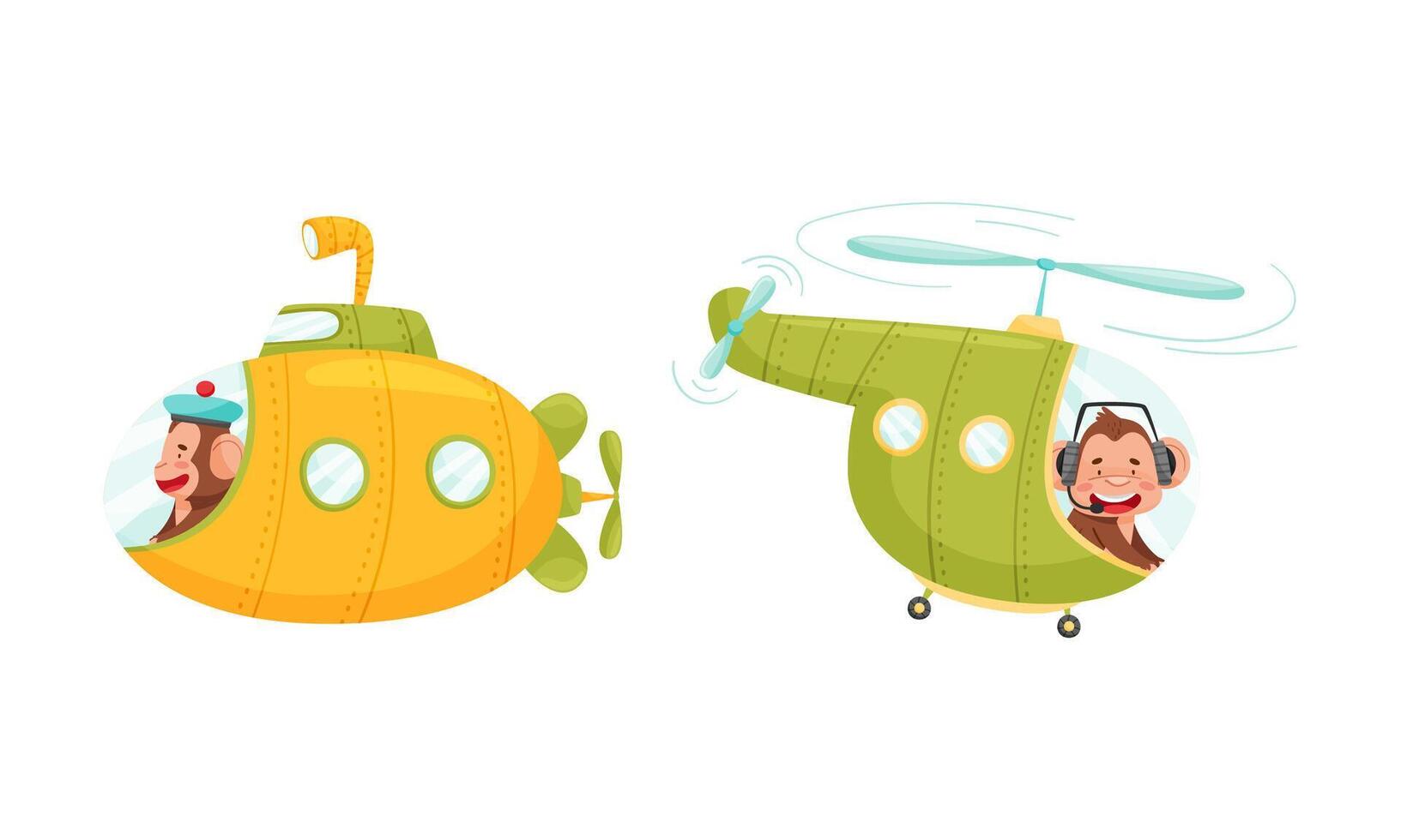 Cute monkey character in transport set. Funny jungle animal flying in helicopter and swimming underwater on submarine cartoon illustration vector