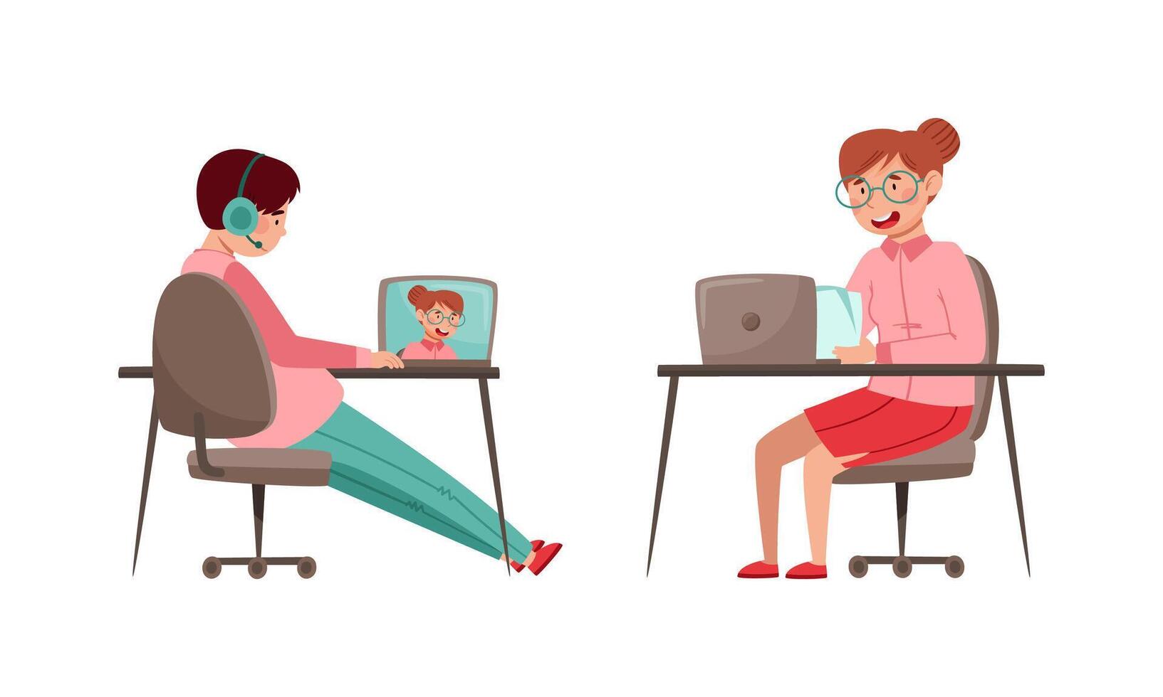 Teen boy and girl studying online and communicating with classmates via conference on laptop computer. Online learning concept cartoon illustration vector