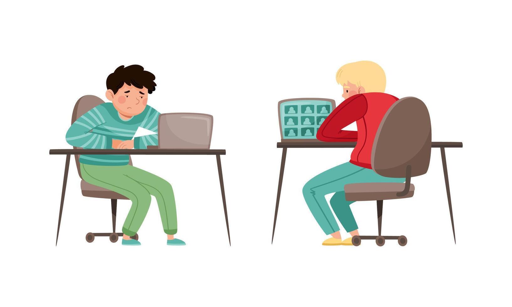 Teenage students studying online and communicating with laptop computer. Distance education during quarantine cartoon illustration vector