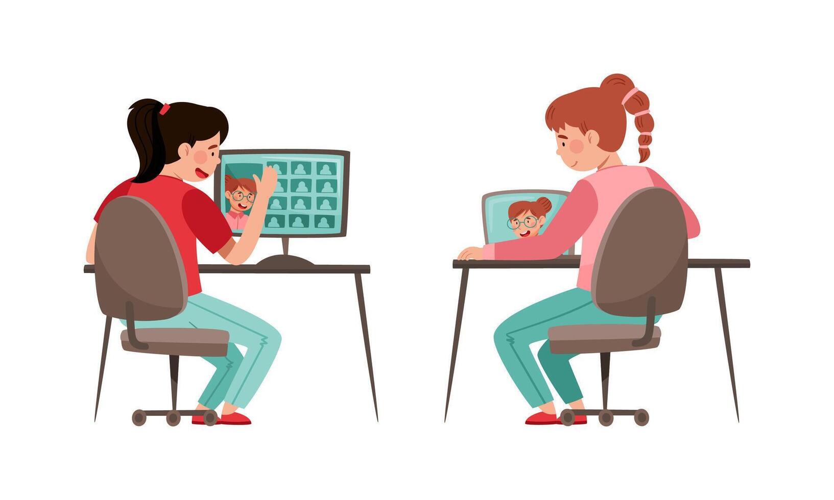 Teenage girl students studying online and communicating with computer. Distance education during quarantine cartoon illustration vector