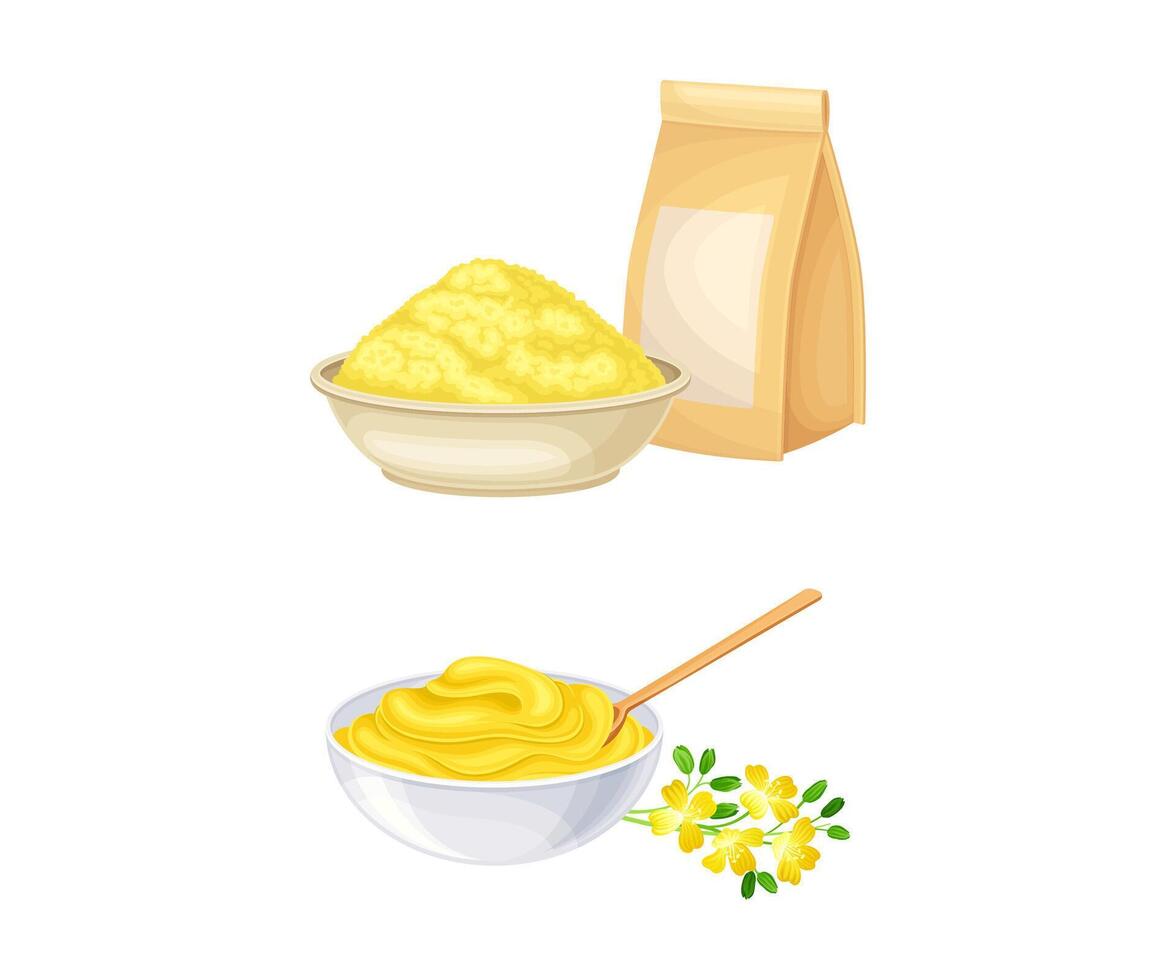 Bowls of ground mustard seeds and sauce set. Natural organic healthy product illustration vector