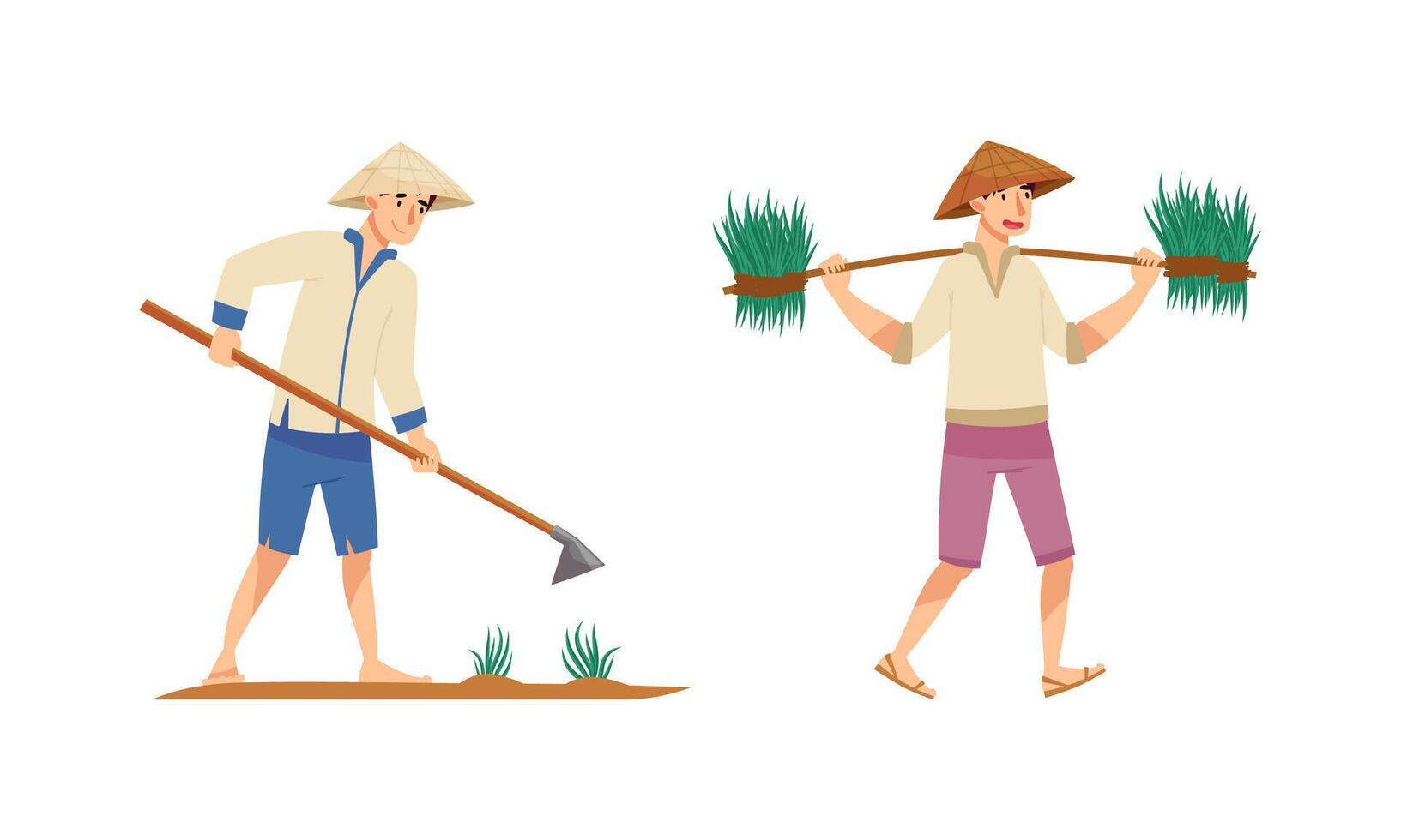 Asian farmers working on farm set. Peasants in straw conical hats planting and harvesting rice on field cartoon illustration vector