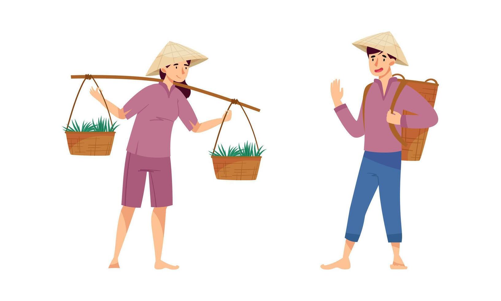 Asian farmers working on farm set. Peasants in straw conical hats planting and harvesting rice and tea on field cartoon illustration vector
