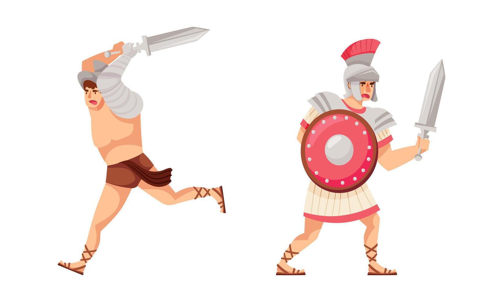 Ancient roman warriors fighting with sword and shield set cartoon illustration vector