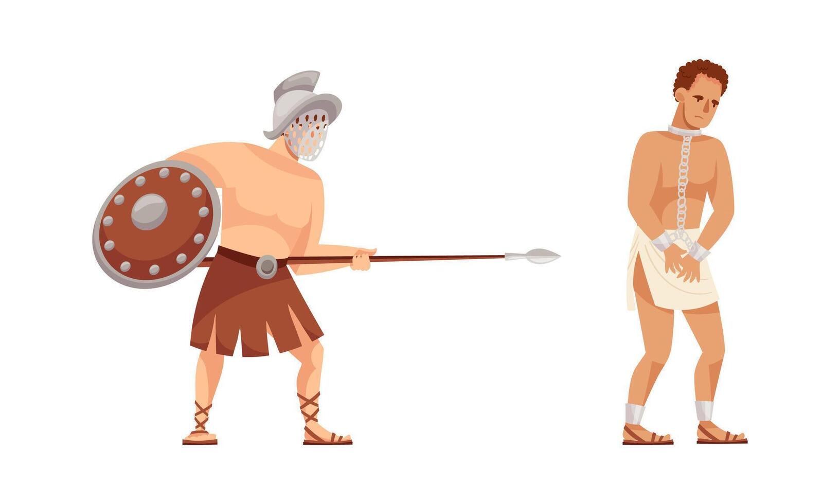 Ancient roman gladiator with sword and slave set cartoon illustration vector