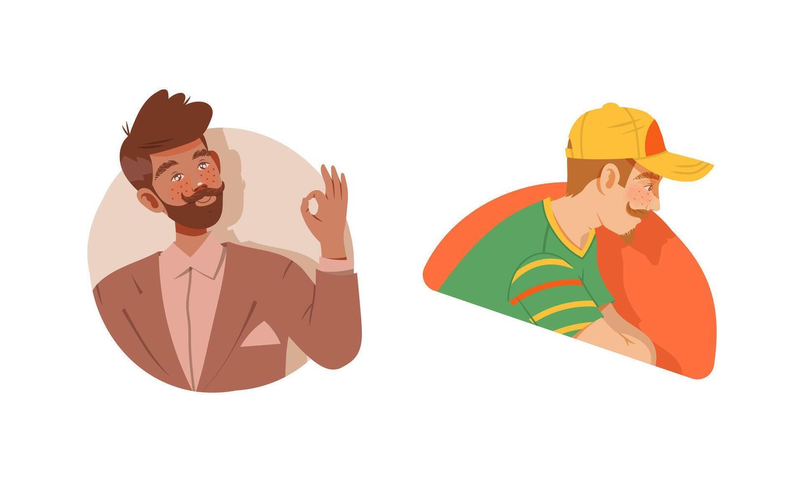 People looking out from windows set. Young man peeking out from circular frames illustration vector